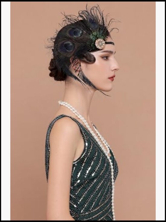 Flapper Peacock Feather Headband Roaring 20s Beaded Gatsby Costume Hair main image 6